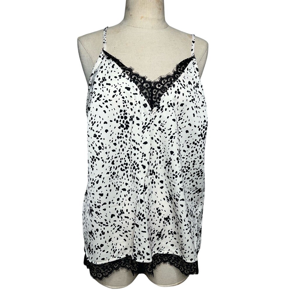 A New Day Womens Large Dalmatian Print Lace Trim Cami Top Black White Adjustable